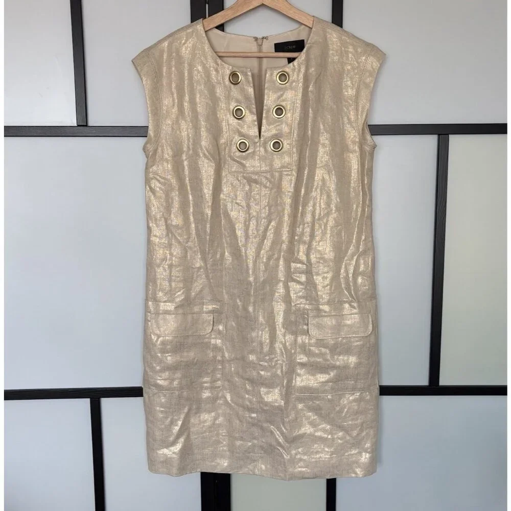 J. Crew Womens Linen Shift Dress‎ Size 8 Ivory/Gold Tone Career Office Preppy